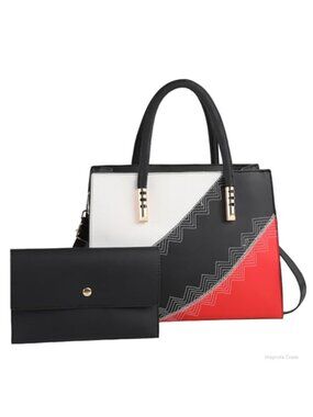 Color Block Satchel Tote & Clutch Wallet Set PU Leather Women Handbag
